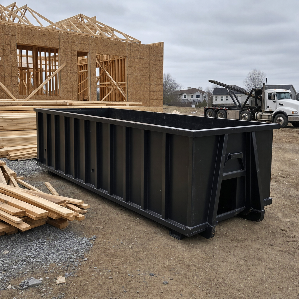 Matte-black 40-yard roll-off dumpster staged on a framed-out residential construction site in Kansas City, framing lumber stacked nearby, hooklift delivery truck visible in the background under bright Colorado daylight