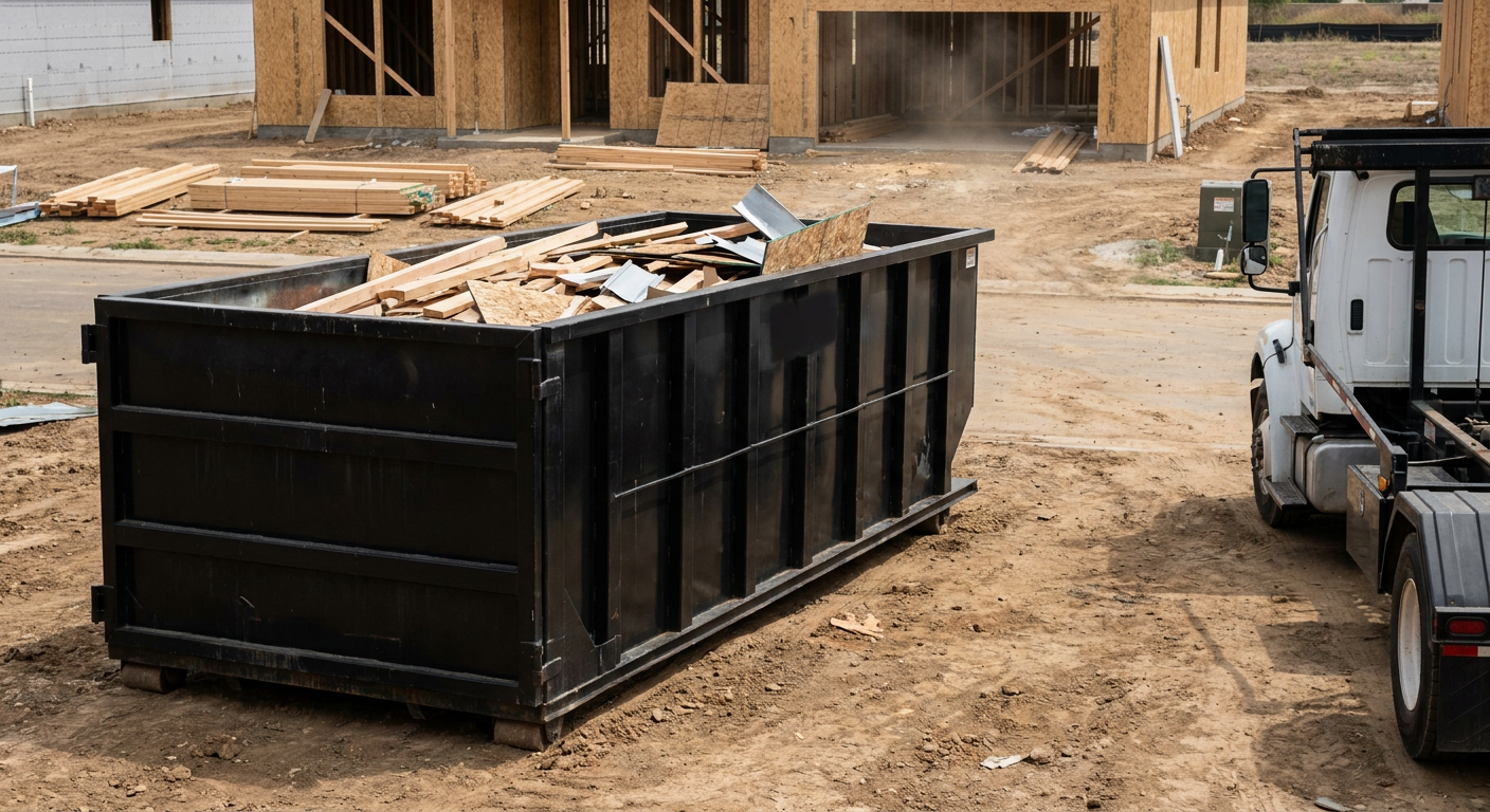 Matte-black 20-yard roll-off construction dumpster with heavy ribbed steel sidewalls and swing rear doors at a working jobsite in Kansas City, sitting directly on compacted dirt with an unmarked white hauler partially visible at the far edge of the frame.
