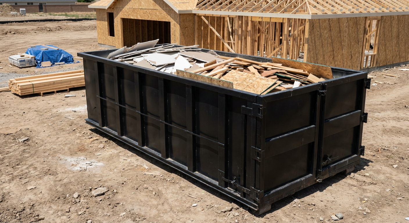 Matte-black 30-yard roll-off construction dumpster sitting directly on the compacted-dirt site of a framed single-family home build in Kansas City, drywall and lumber scrap loaded inside.