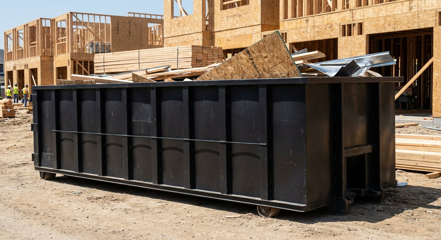 Matte-black 40-yard roll-off construction dumpster being lowered from a white-cab hooklift delivery truck onto the compacted-dirt jobsite at a commercial build site in Kansas City