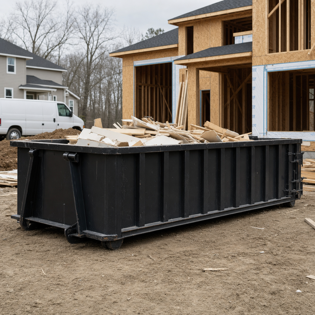 Worker in a yellow high-visibility vest tossing framing lumber and broken drywall into a matte-black 30-yard construction roll-off dumpster on an active build site in Kansas City, bright daylight