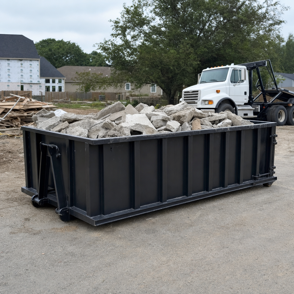 Low-profile matte-black lowboy roll-off dumpster loaded with broken concrete slab and rebar at a foundation tear-out in Kansas City, skid steer parked beside it, sunny Colorado morning