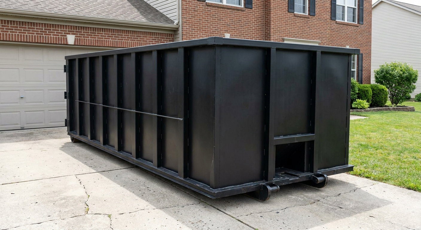 Matte-black 20-yard roll-off container on a Kansas City residential concrete driveway with reinforced ribbed steel sidewalls and a hinged rear walk-in door, clean bright daylight.