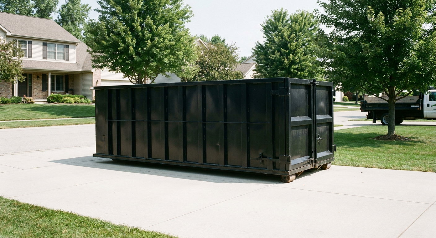 Matte-black 20-yard roll-off dumpster sitting level on a clean Kansas City residential concrete driveway under bright daylight, demonstrating clean placement directly on the concrete.