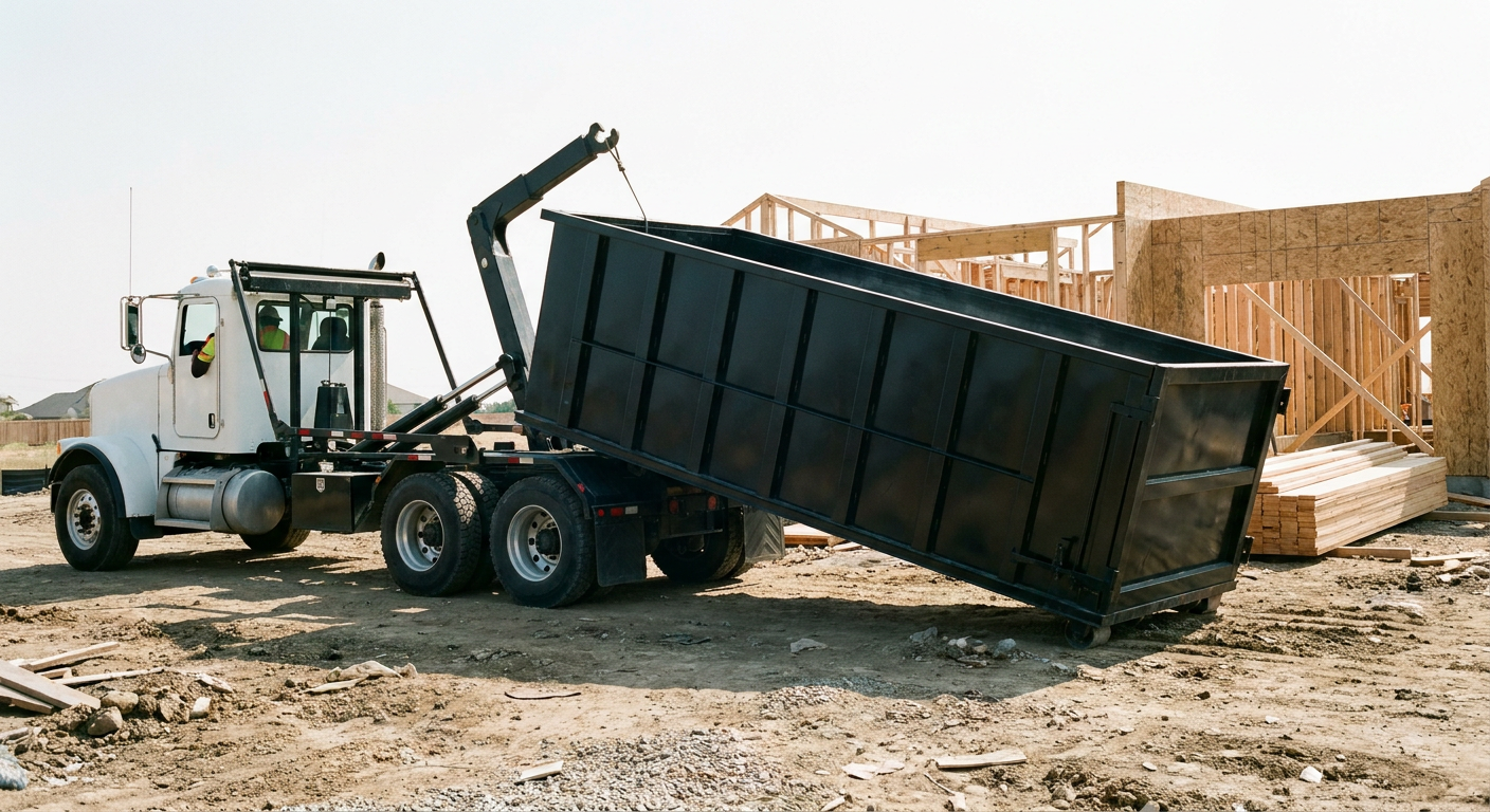 Matte-black roll-off dumpster being delivered onto a clean residential concrete driveway in Kansas City by an unmarked white hooklift hauler truck, bright morning daylight, documentary 35mm perspective.