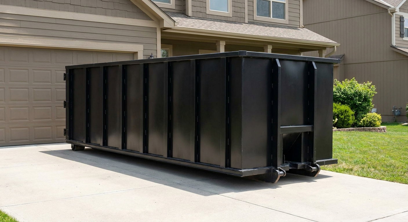 Matte-black residential roll-off dumpster sitting directly on a suburban Kansas City concrete driveway, garage door closed, single-family home in background, bright morning daylight.