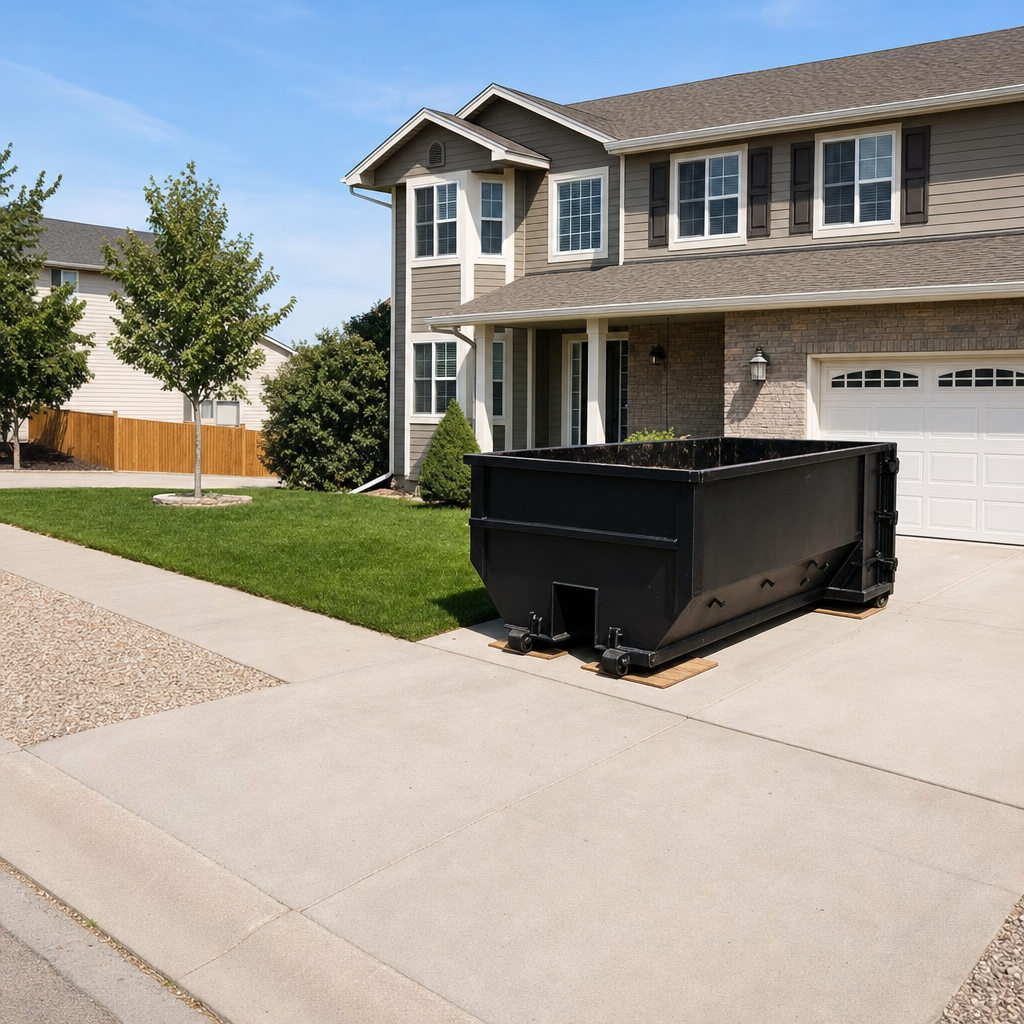 10-yard matte-black residential dumpster placed directly on a narrow Kansas City concrete driveway, room remains for a parked sedan beside it, mid-morning natural light