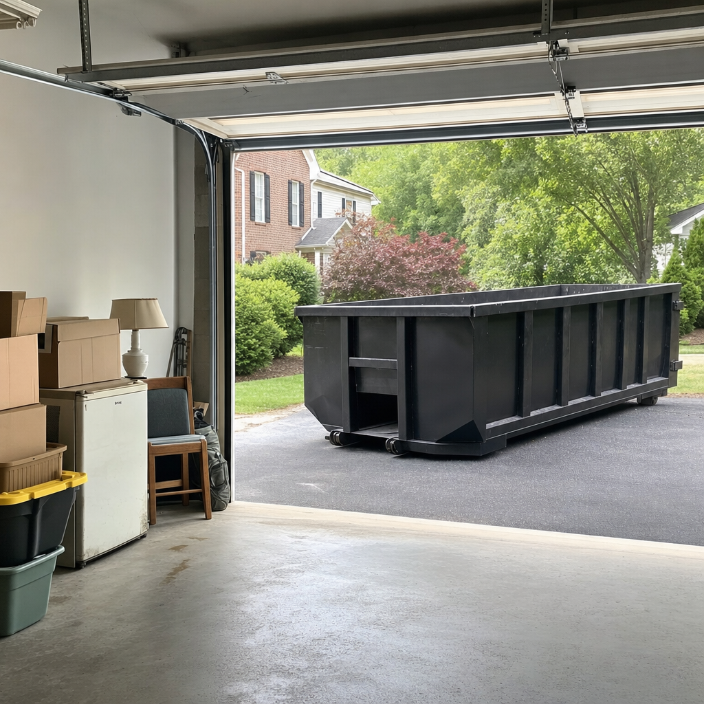 Open garage interior in a Kansas City home mid-cleanout — boxed items, an old appliance, and stacked yard tools queued near the driveway for a matte-black roll-off dumpster, organized and calm