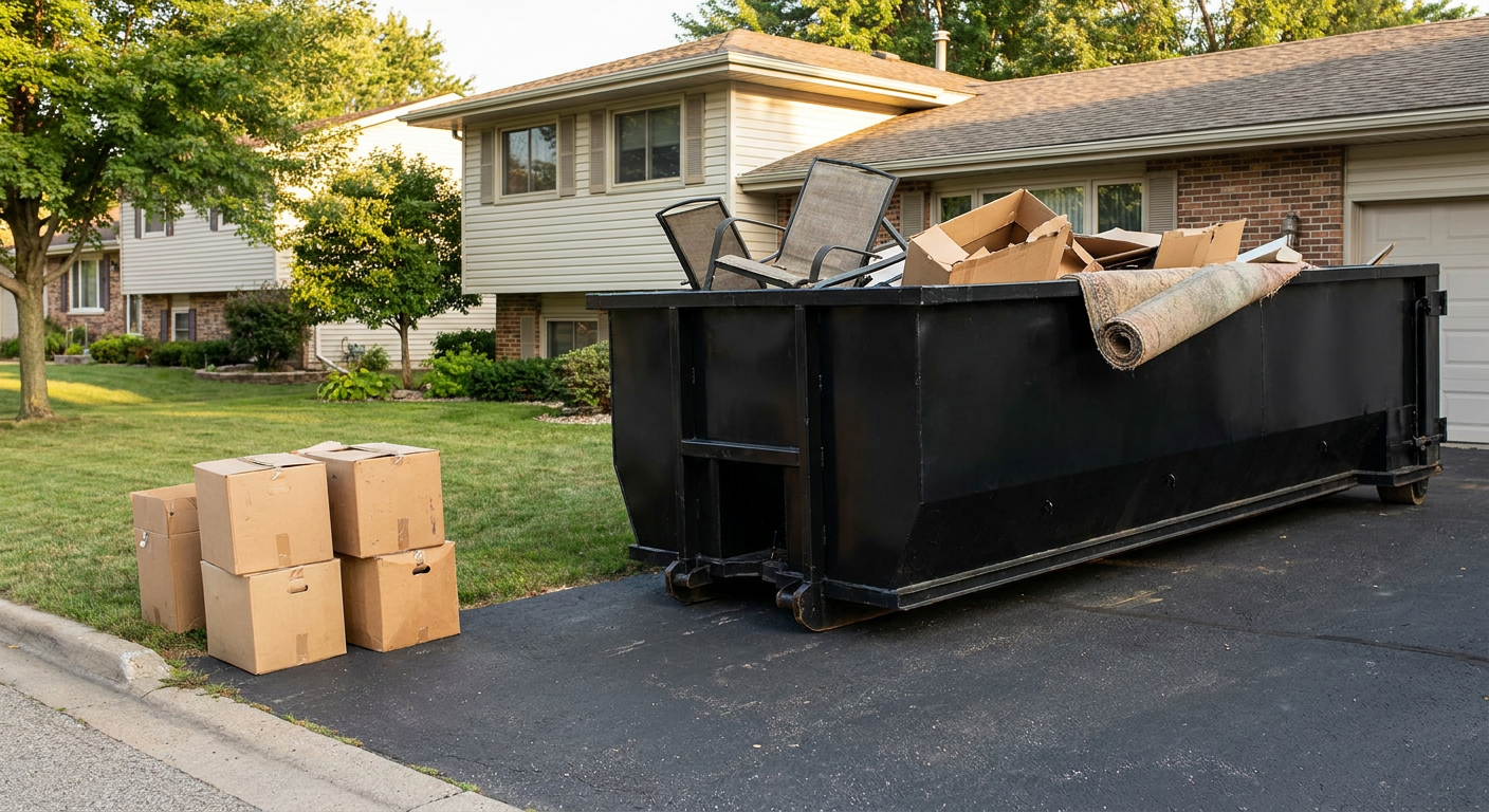 Front-yard view of a Kansas City split-level home with a 20-yard matte-black roll-off dumpster sitting directly on the asphalt driveway, a few clearly labeled donation boxes staged at the curb, calm sunny afternoon.