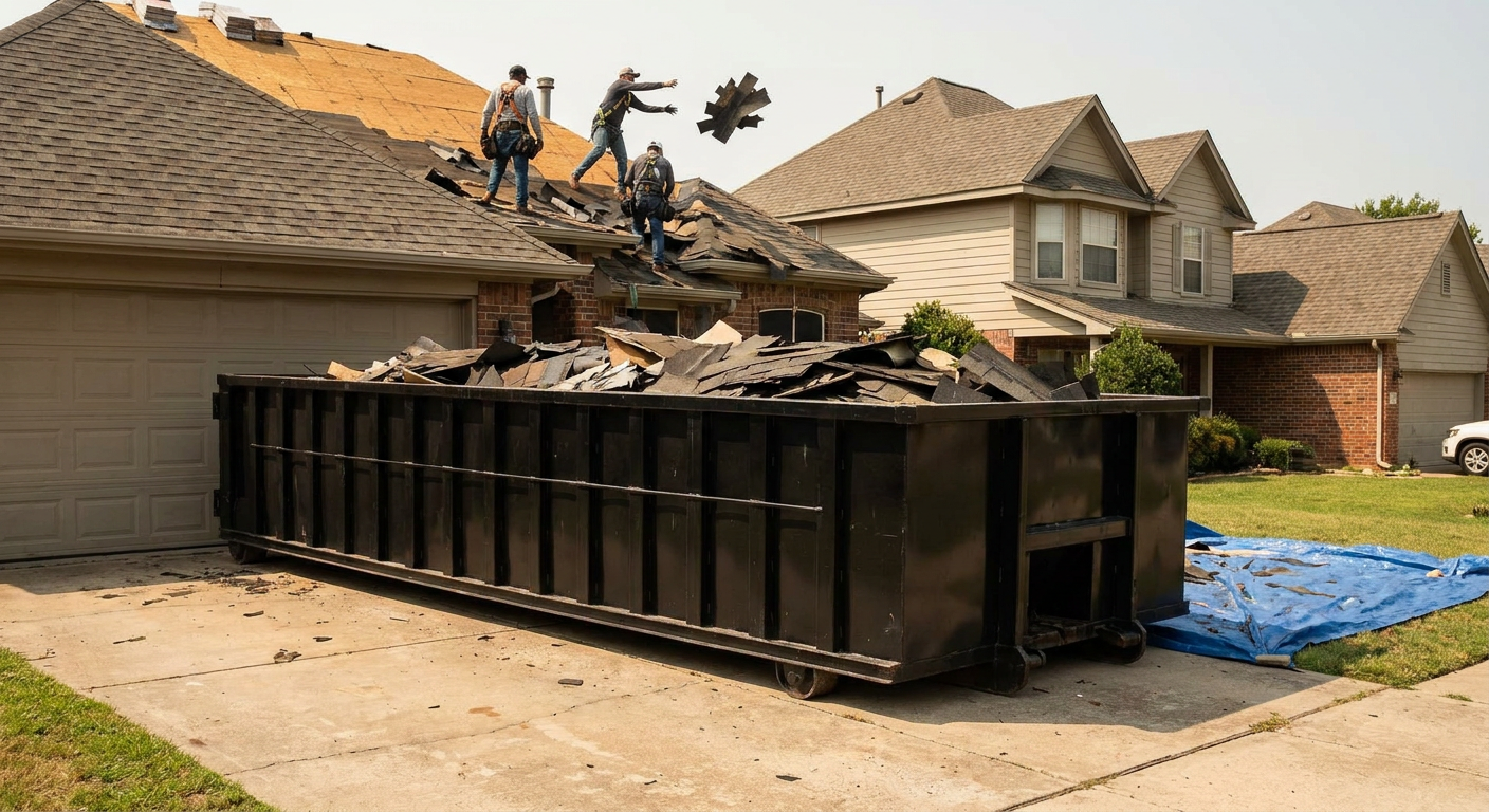 Matte-black roofing roll-off dumpster placed directly on a Kansas City residential concrete driveway, a tear-off crew on a two-story asphalt-shingle roof tossing shingle bundles into the low-walled container, bright daylight, documentary 35mm perspective.