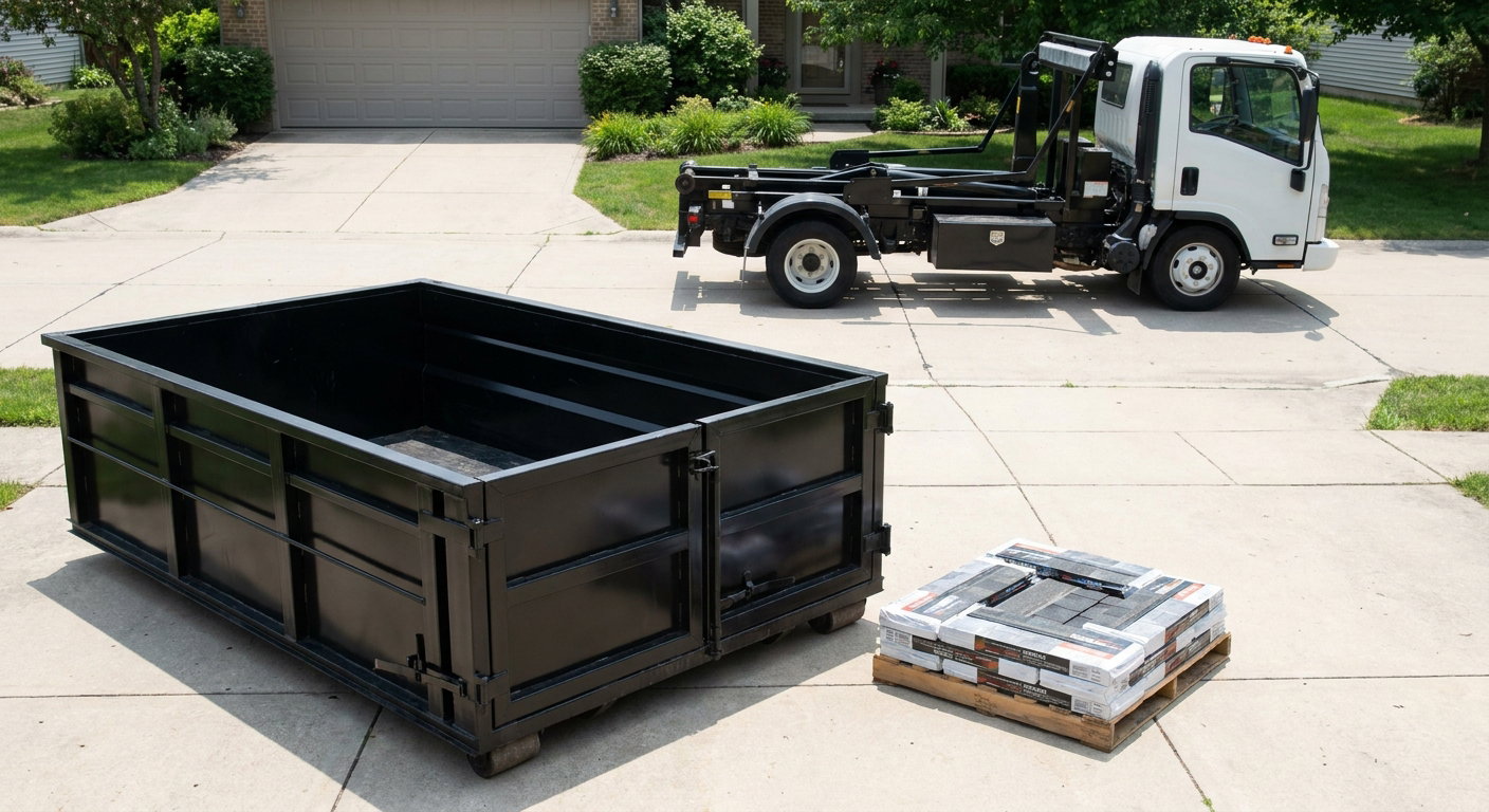 Matte-black 15-yard roofing roll-off dumpster with reinforced low side walls sitting directly on a Kansas City residential concrete driveway, three-tab asphalt shingle bundles stacked nearby, an unmarked white hauler truck partially visible at the edge of the frame.
