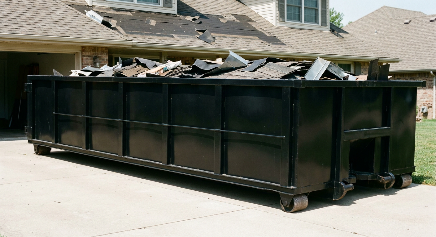 Matte-black 20-yard roofing roll-off dumpster with steel ribbed sides and swinging rear door, sitting directly on the concrete driveway of a two-story Kansas City home, asphalt shingle debris being loaded over the low wall, clean documentary lighting.