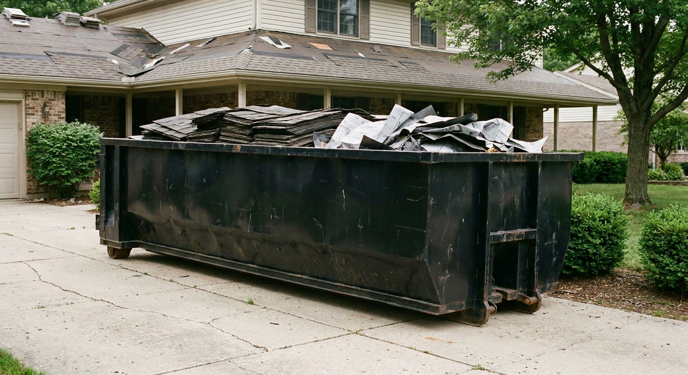 Matte-black 30-yard roofing roll-off dumpster sitting directly on a Kansas City concrete driveway, taller ribbed steel side panels, mixed tear-off debris of asphalt shingles and underlayment inside, professional documentary daylight.