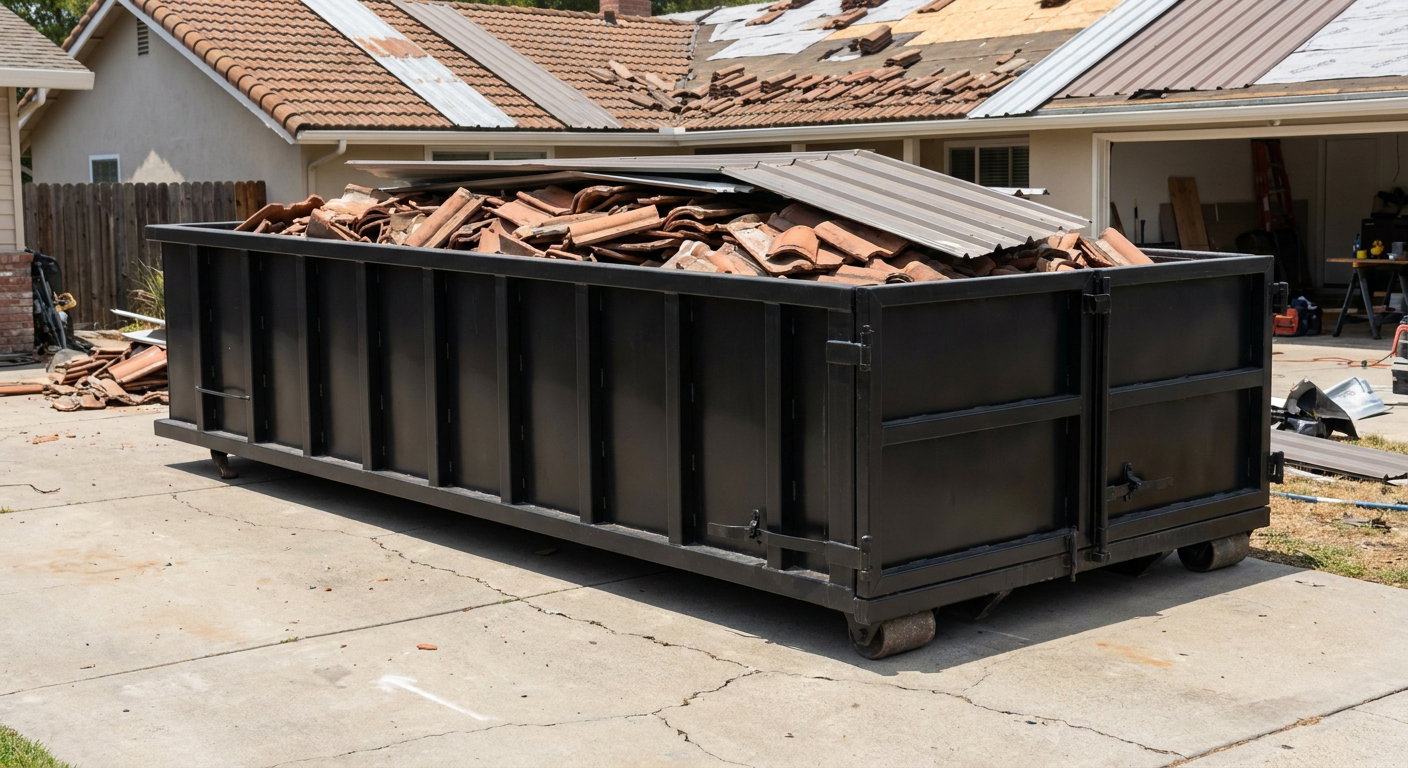 Matte-black low-wall heavy-debris roofing roll-off dumpster sitting directly on a Kansas City concrete driveway, broken concrete clay roof tiles and metal panel sections loaded inside, reinforced ribbed steel side walls visible, bright outdoor daylight.