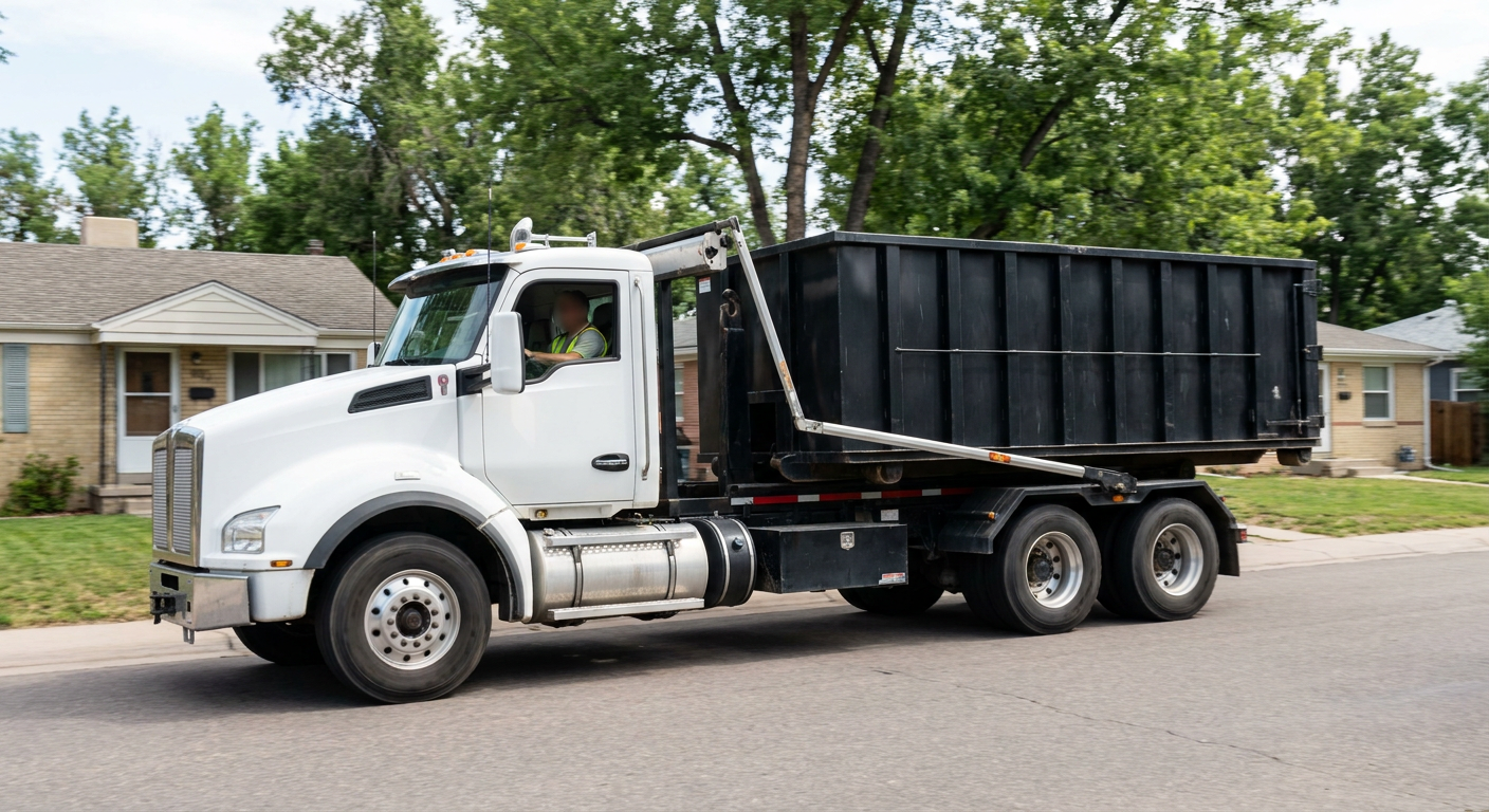 A wide documentary shot of a matte-black roll-off delivery truck pulling onto a quiet Kansas City residential street at mid-morning, with neighborhood rooftops and tree-lined blocks visible behind, showing the metro coverage footprint.