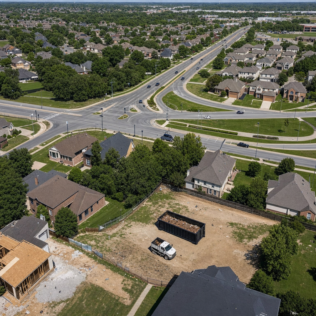 An overhead documentary view of the Kansas City metro area at midday, showing the spread of neighborhoods, arterial roads, and the dispatch radius from a central yard — clean daylight, organized geographic layout.
