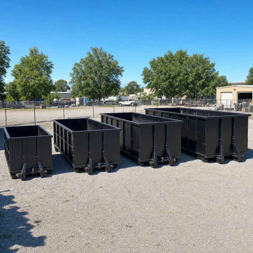 A clean lineup of matte-black roll-off dumpsters in 10, 20, 30, and 40-yard sizes staged on a sunlit gravel yard in Kansas City, showing the size progression from compact to commercial-scale containers.