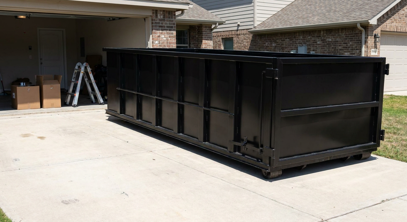 A matte-black 10-yard roll-off dumpster sitting directly on a residential Kansas City concrete driveway, mid-day sunlight, clean and ready for a garage cleanout.