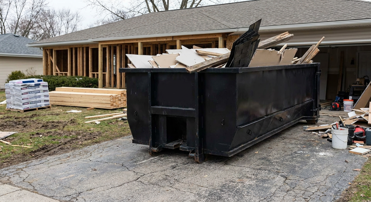 A matte-black 20-yard roll-off dumpster placed alongside a mid-renovation Kansas City home directly on the asphalt driveway, with framing materials and torn-off shingles staged neatly nearby.