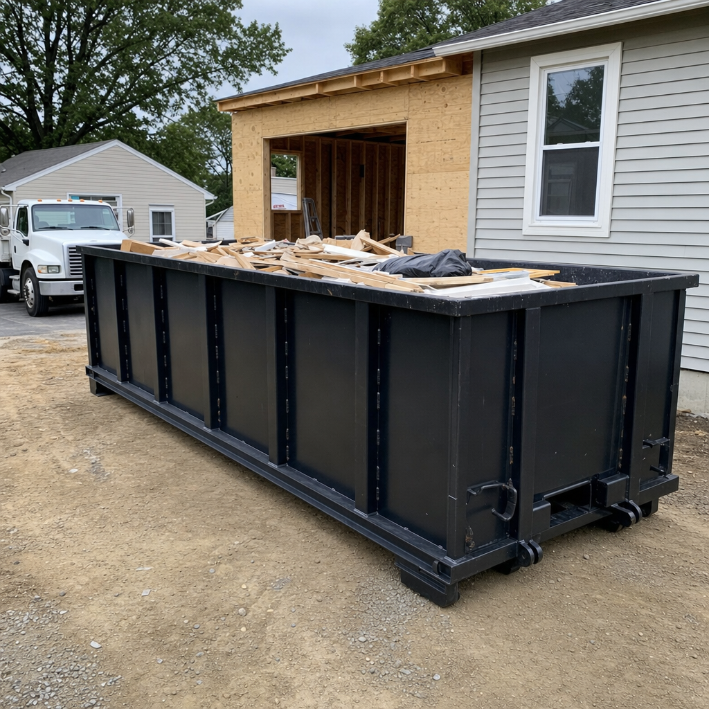 A matte-black 30-yard roll-off dumpster positioned at a Kansas City residential addition jobsite, with framing lumber and drywall scraps loaded through the open swinging rear doors.