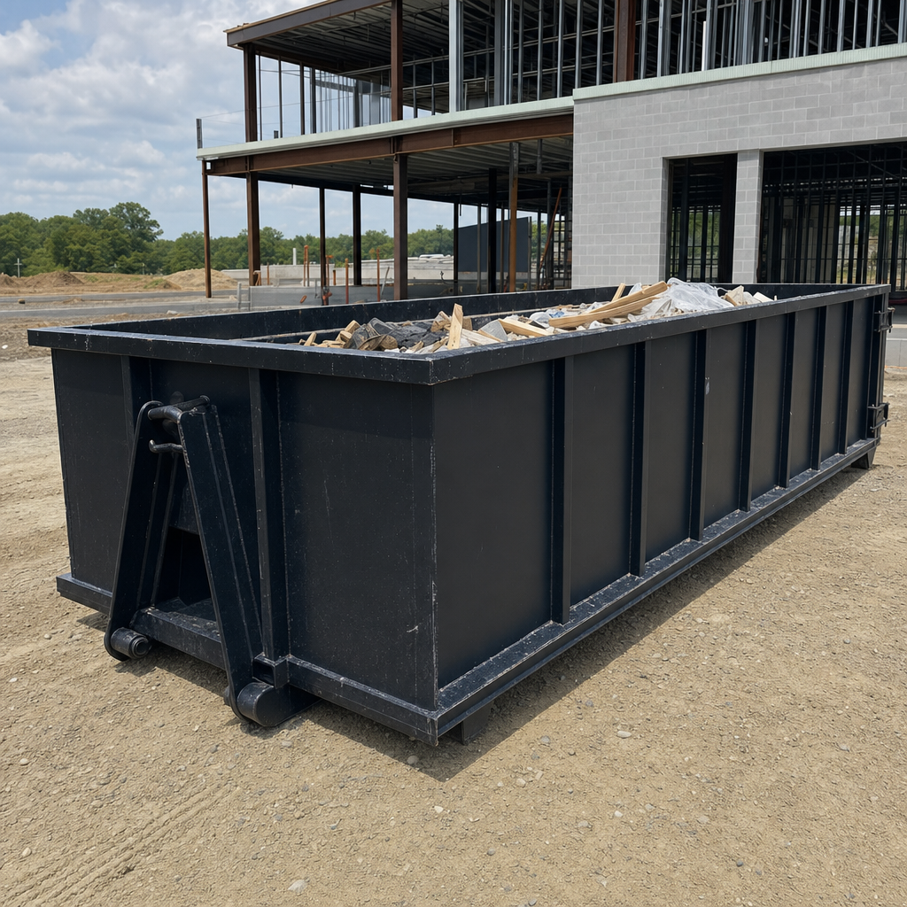 A matte-black 40-yard roll-off dumpster staged on a large Kansas City commercial construction lot, with a hooklift delivery truck parked alongside under bright midday sky.