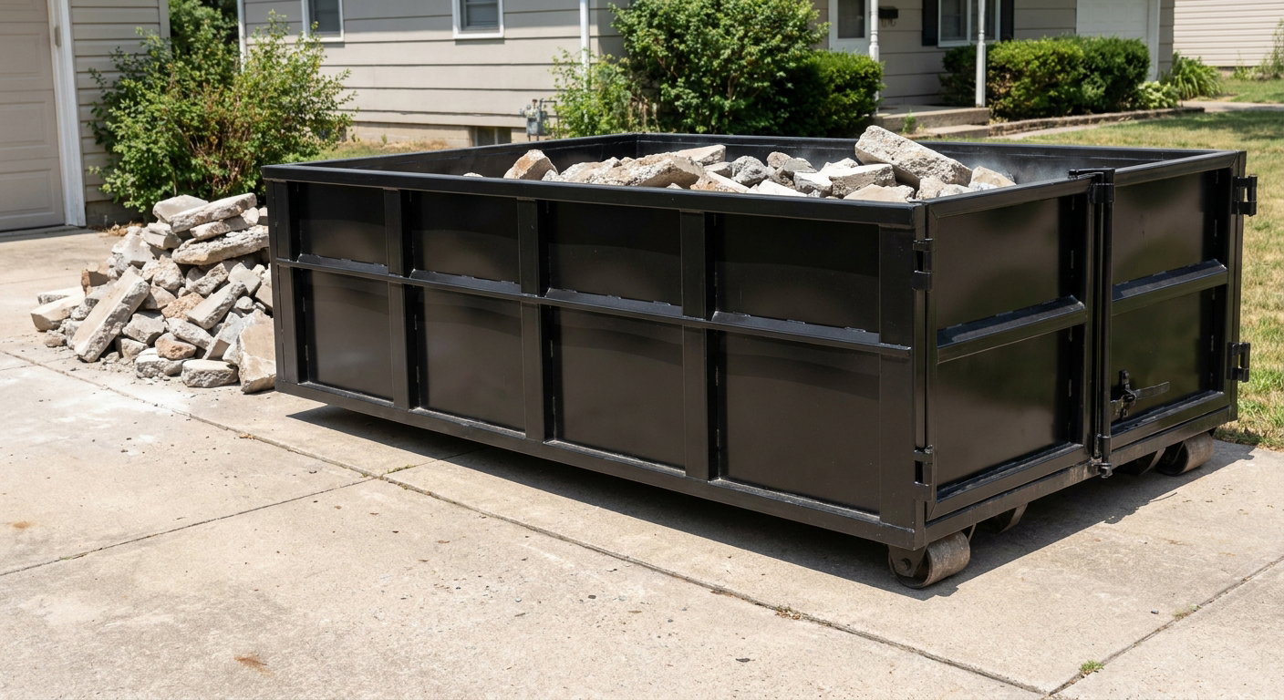 A matte-black low-side heavy-debris roll-off dumpster placed directly on a Kansas City concrete driveway, with broken concrete chunks neatly stacked beside it under clean daylight.